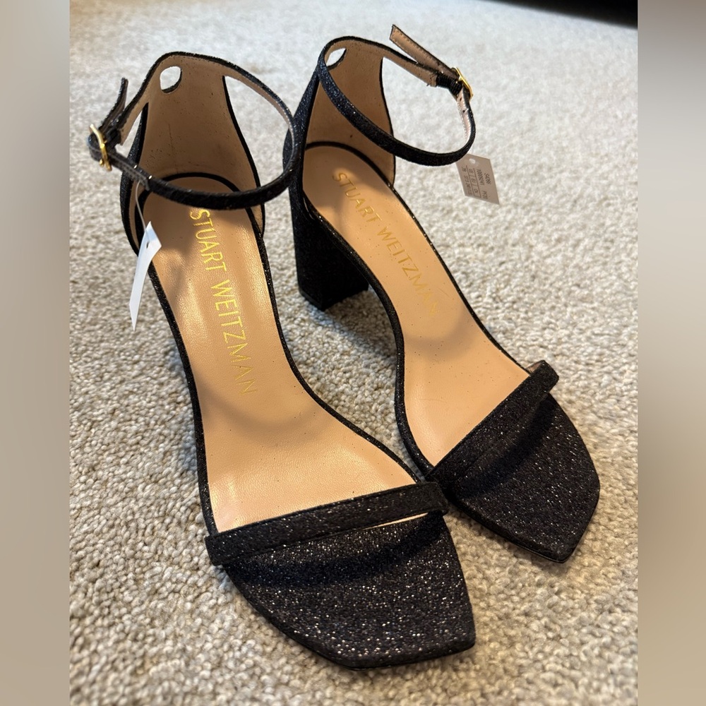 Stuart Weitzman Black Glitter Sandal Block Heels, BRAND NEW size 7